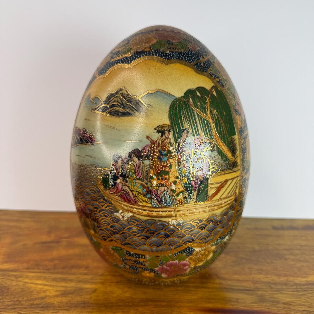 Satsuma Ceramic Egg Gold Trim Geisha Boat Landscape Asian Hand Painted